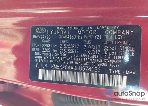 2020 Hyundai Kona Sel from USA, damaged, VIN KM8K2CAA9LU578182